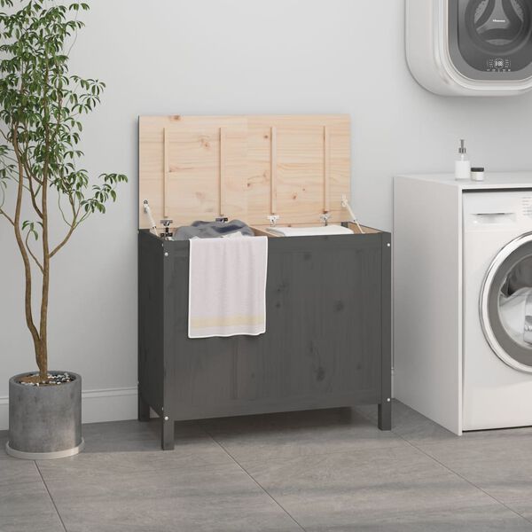 vidaXL Bo&icirc;te &agrave; linge Gris 88,5x44x76 cm Bois massif de pin