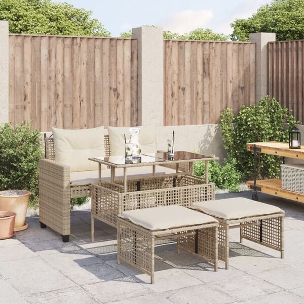 vidaXL Salon de jardin avec coussins 4 pcs beige r&eacute;sine tress&eacute;e verre