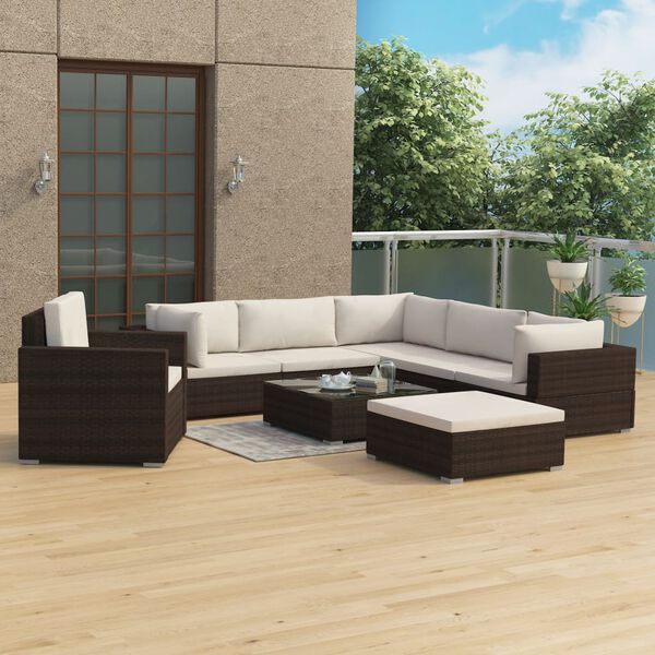 vidaXL Salon de jardin 8 pcs avec coussins résine tressée marron