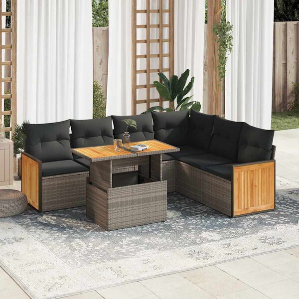 vidaXL Salon de jardin avec coussins 7 pcs gris r&eacute;sine tress&eacute;e acacia
