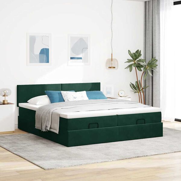 VidaXL Cadre de lit ottoman avec matelas vert fonc&eacute; 180x200cm velours
