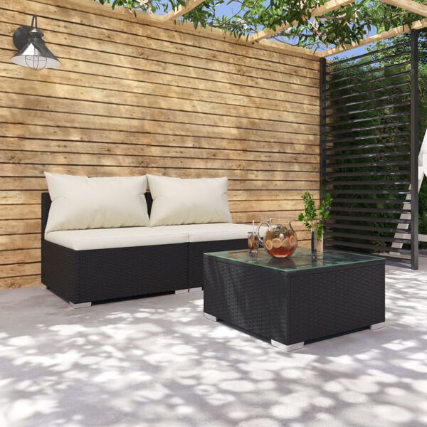 vidaXL Salon de jardin 3 pcs avec coussins R&eacute;sine tress&eacute;e Noir