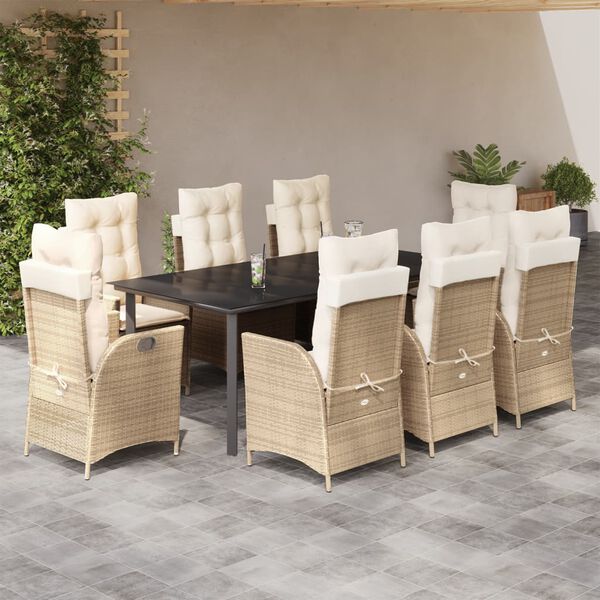 vidaXL Ensemble &agrave; manger de jardin et coussins 9 pcs beige Poly rotin