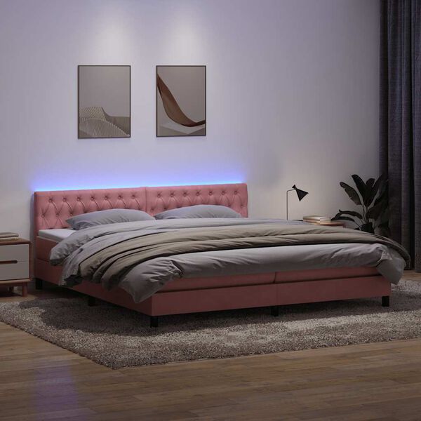 vidaXL Sommier &agrave; lattes de lit avec matelas et LED rose 180x210 cm velours