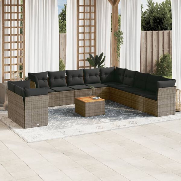 vidaXL Salon de jardin avec coussins 12 pcs gris r&eacute;sine tress&eacute;e