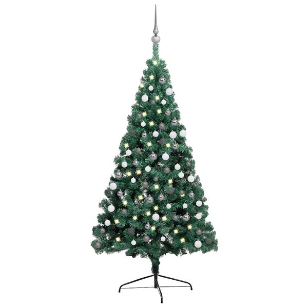 vidaXL Demi-arbre de No&euml;l artificiel pr&eacute;-&eacute;clair&eacute; et boules vert 210 cm