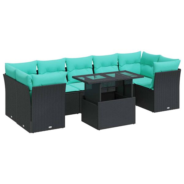 vidaXL Salon de jardin avec coussins 8 pcs noir r&eacute;sine tress&eacute;e acacia