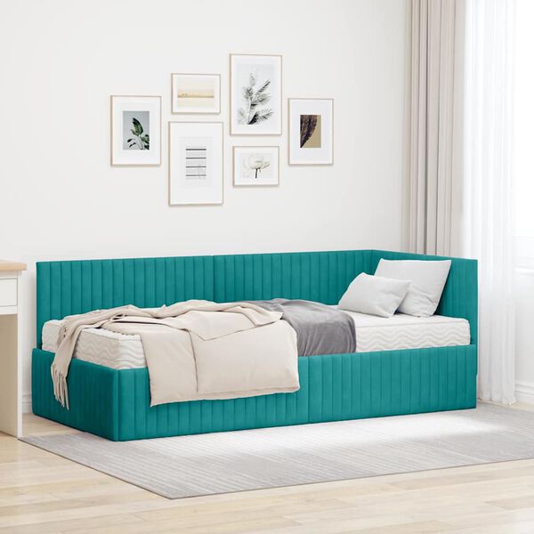 vidaXL Cadre de lit d'angle avec matelas 2 pcs Turquoise Velours
