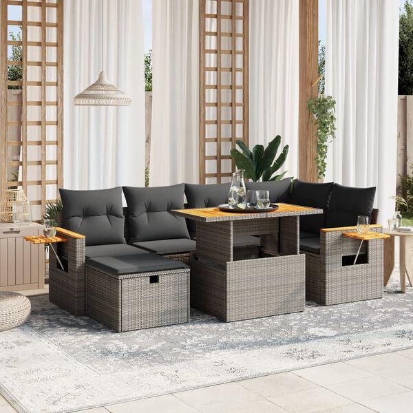 vidaXL Salon de jardin avec coussins 7 pcs gris r&eacute;sine tress&eacute;e