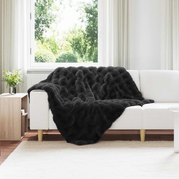vidaXL Couverture en Fourrure de Lapin Synth&eacute;tique Noir 130 x 150 cm