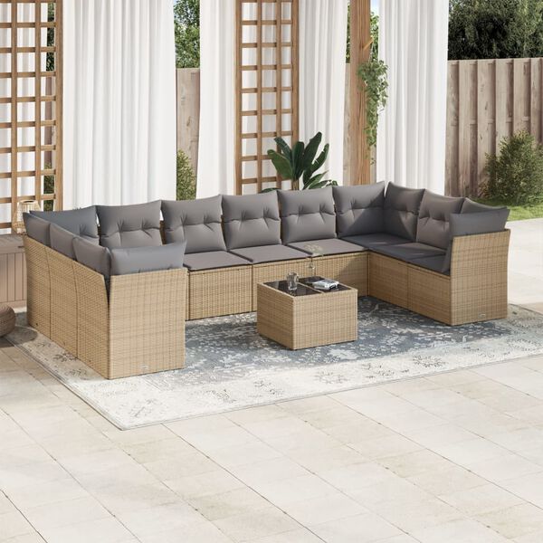 vidaXL Salon de jardin 11 pcs avec coussins beige r&eacute;sine tress&eacute;e