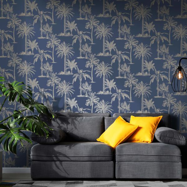 DUTCH WALLCOVERINGS Papier peint Arbres tropicaux Bleu et argent&eacute;