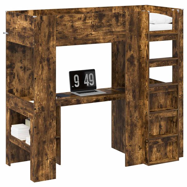 vidaXL Cadre de lit superpos&eacute; avec bureau Ch&ecirc;ne fum&eacute; 75 x 190 cm