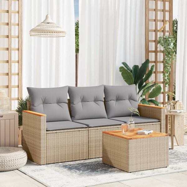 vidaXL Salon de jardin avec coussins 4pcs m&eacute;lange beige r&eacute;sine tress&eacute;e