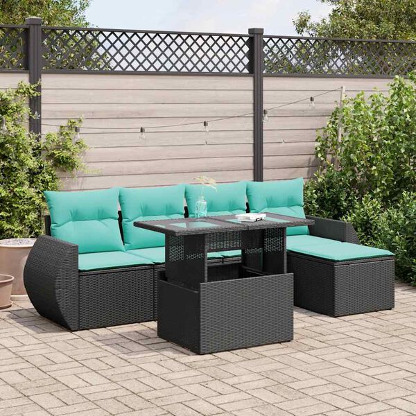 vidaXL Salon de jardin 6 pcs avec coussins noir r&eacute;sine tress&eacute;e acacia