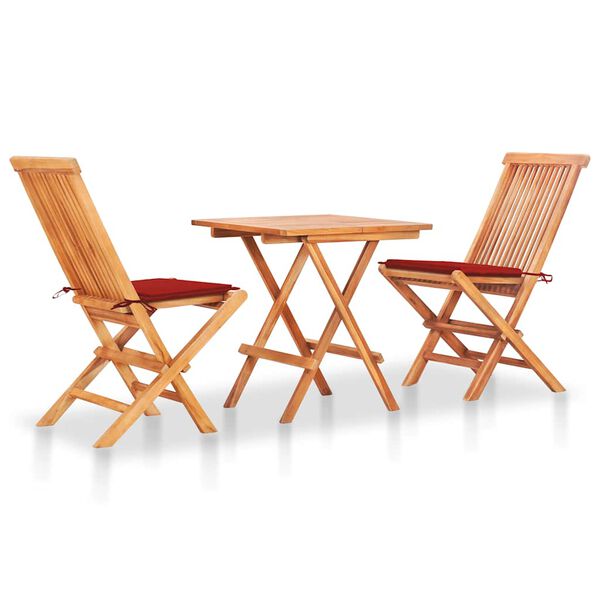 vidaXL Ensemble de bistro 3pcs avec coussins rouge Bois de teck massif