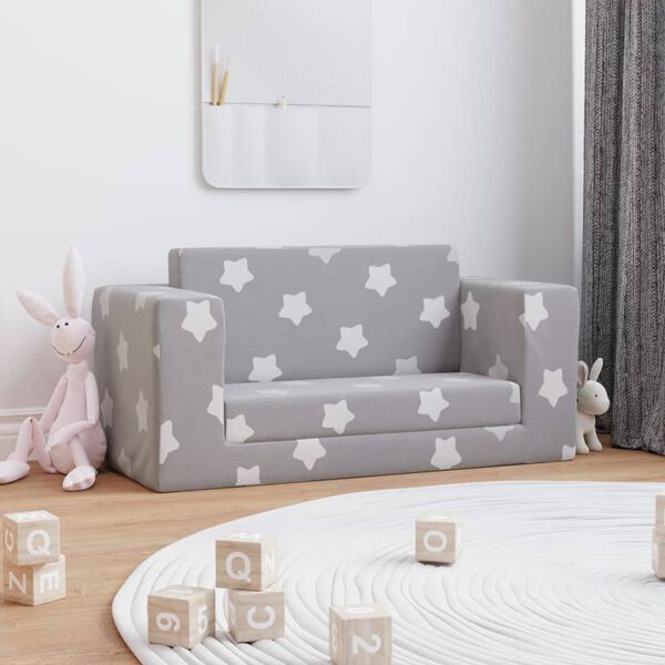 vidaXL Canap&eacute;-lit enfant 2 places gris clair &eacute;toiles peluche douce