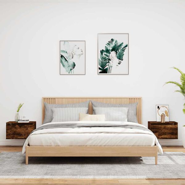 vidaXL Tables de chevet murales avec lumières LED 2 pcs chêne fumé