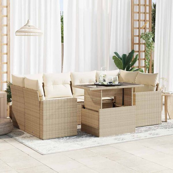 vidaXL Salon de jardin avec coussins 7 pcs beige r&eacute;sine tress&eacute;e