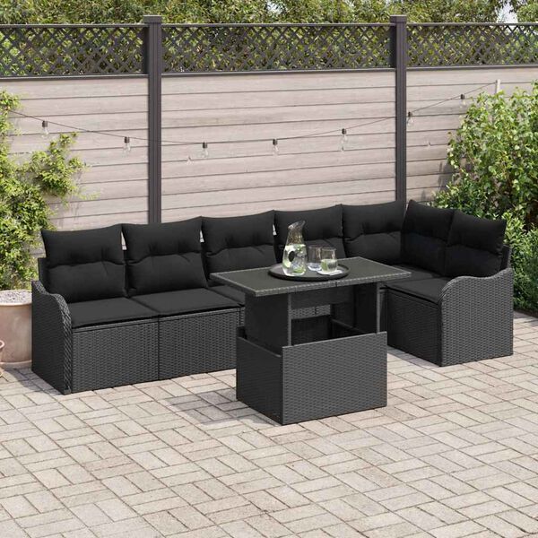vidaXL Ensemble de canapé de jardin avec coussin 7 pcs Noir Poly rotin