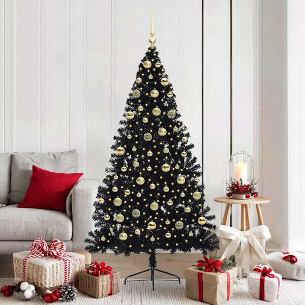 vidaXL Sapin de No&euml;l artificiel pr&eacute;-&eacute;clair&eacute; Noir 180 cm PVC