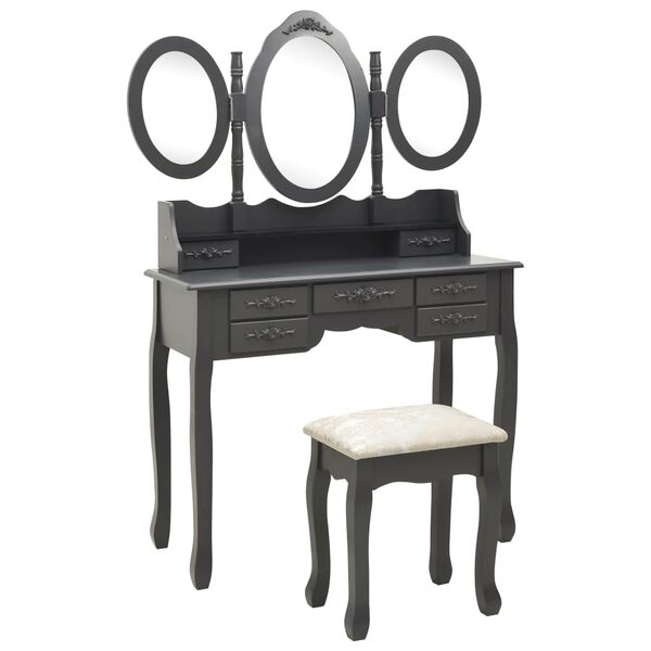 vidaXL Coiffeuse avec tabouret et miroir pliable en 3 Gris