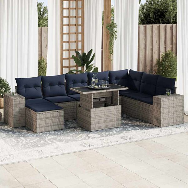 vidaXL Salon de jardin avec coussins 9 pcs gris r&eacute;sine tress&eacute;e acacia
