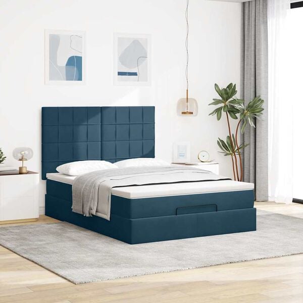 vidaXL Cadre de lit ottoman avec matelas bleu fonc&eacute; 140x200 cm velours