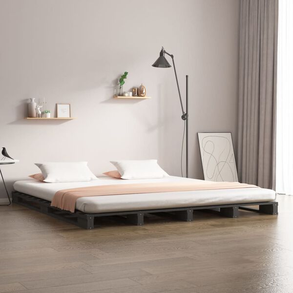 vidaXL Lit de palette sans matelas gris 200x200 cm bois massif