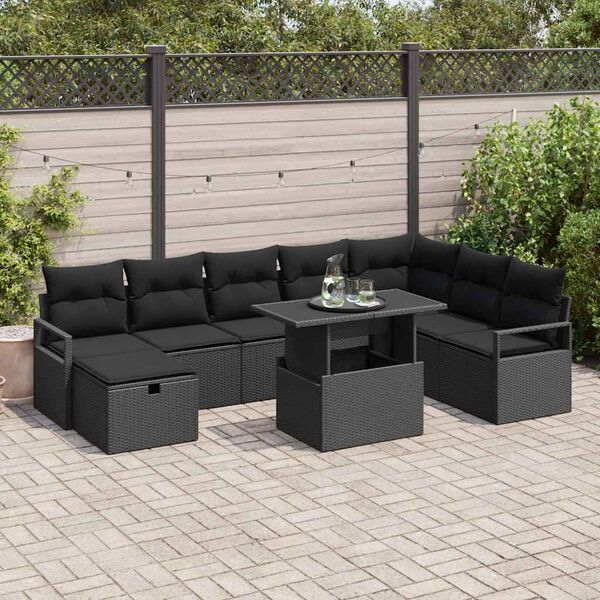 vidaXL Ensemble de canap&eacute; de jardin avec coussin 9 pcs Noir Poly rotin