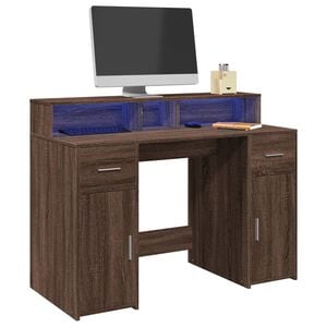 vidaXL Bureau et lumi&egrave;res LED ch&ecirc;ne marron bois d'ing&eacute;nierie