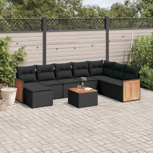 vidaXL Salon de jardin 9 pcs avec coussins noir r&eacute;sine tress&eacute;e