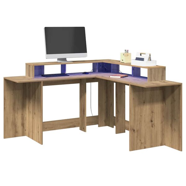 vidaXL Bureau avec lumi&egrave;res LED ch&ecirc;ne artisanal bois d'ing&eacute;nierie