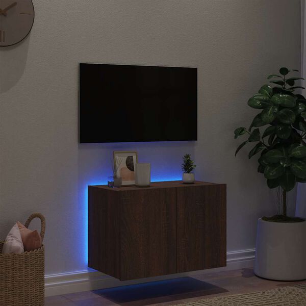 vidaXL Meuble TV mural avec lumi&egrave;res LED ch&ecirc;ne marron 60x35x41 cm