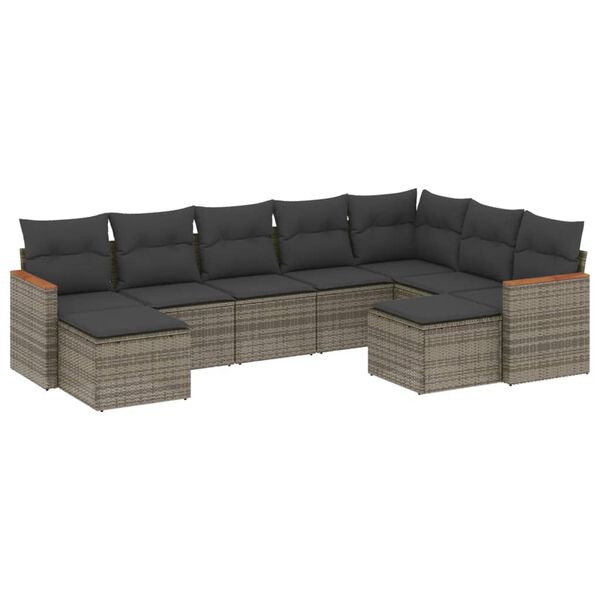 vidaXL Salon de jardin 9 pcs avec coussins gris résine tressée