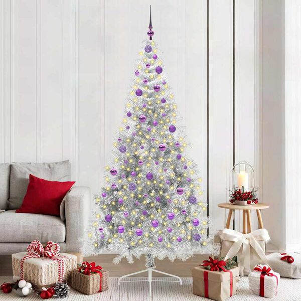 vidaXL Sapin de No&euml;l artificiel pr&eacute;-&eacute;clair&eacute; Argent 210 cm PET