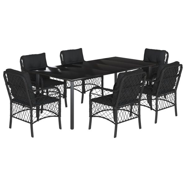 vidaXL Ensemble &agrave; manger de jardin coussins 7pcs Noir R&eacute;sine tress&eacute;e