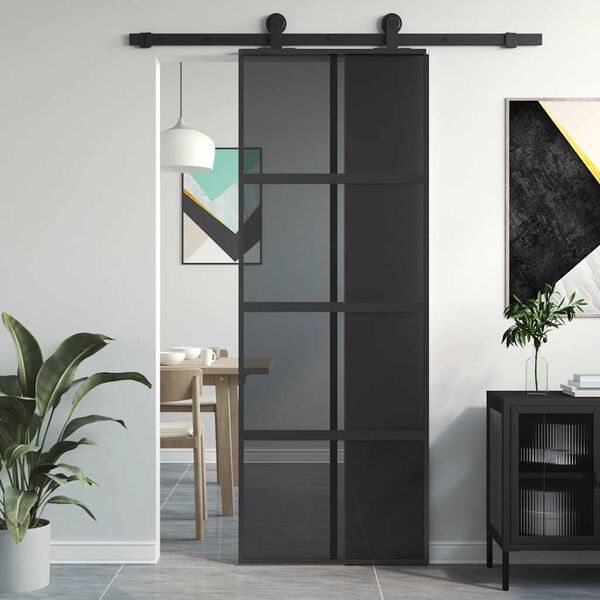 vidaXL Porte coulissante noir 76x205 cm verre tremp&eacute; aluminium