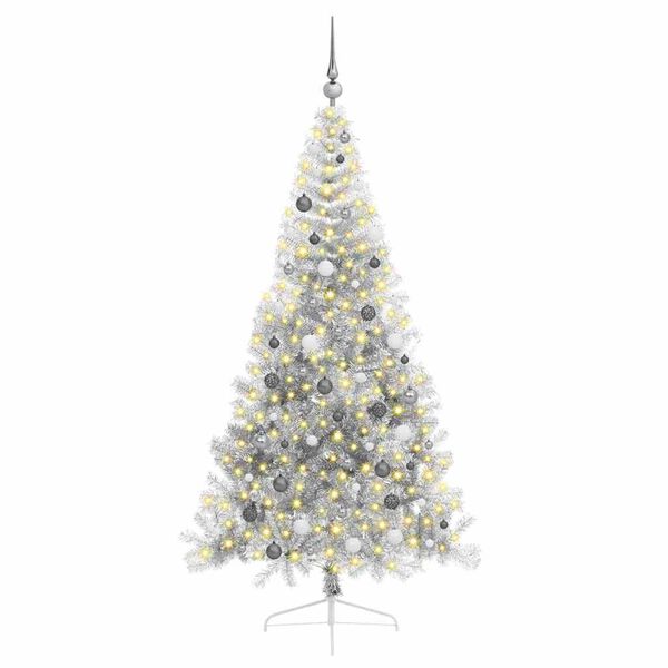 vidaXL Sapin de No&euml;l artificiel pr&eacute;-&eacute;clair&eacute; Argent 210 cm PET