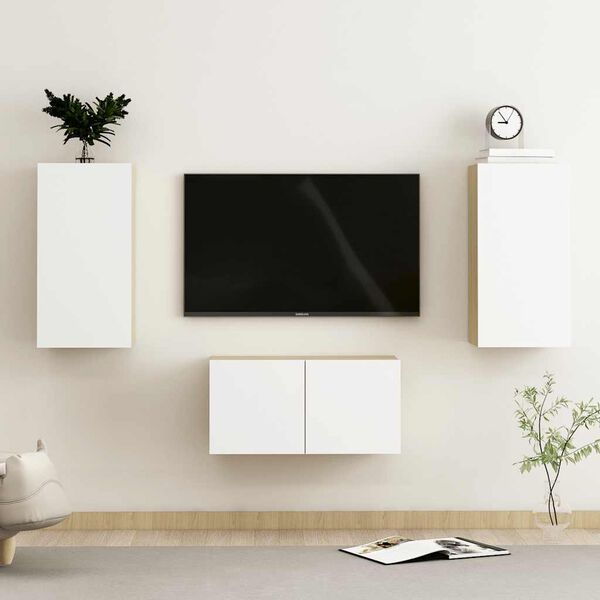 vidaXL Ensemble de meubles TV 3 pcs Blanc et ch&ecirc;ne sonoma
