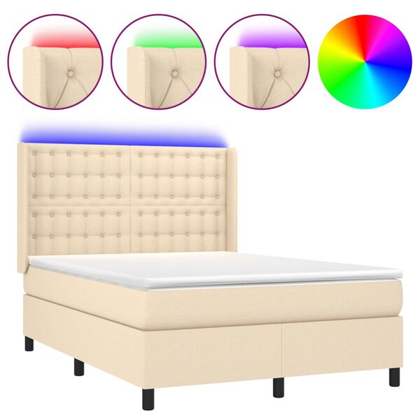 vidaXL Sommier &agrave; lattes de lit matelas et LED Cr&egrave;me 140x200 cm Tissu