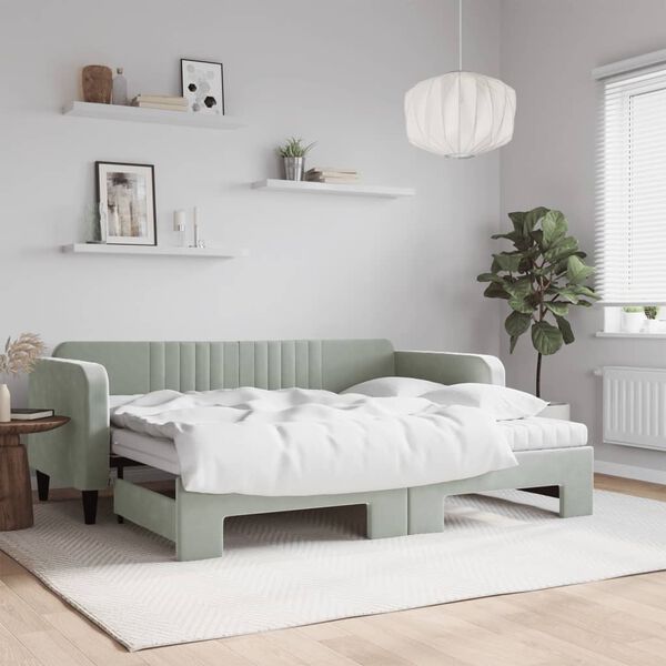 vidaXL Lit de jour avec gigogne et matelas gris clair 90x200cm velours