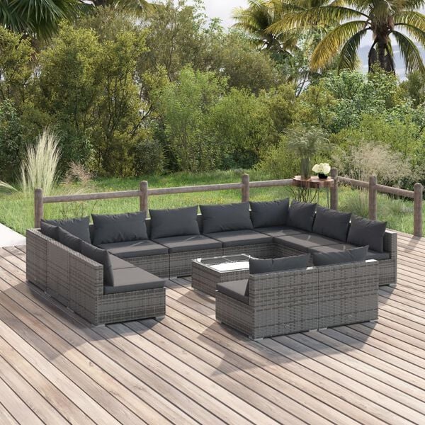 vidaXL Salon de jardin 12 pcs avec coussins Gris R&eacute;sine tress&eacute;e