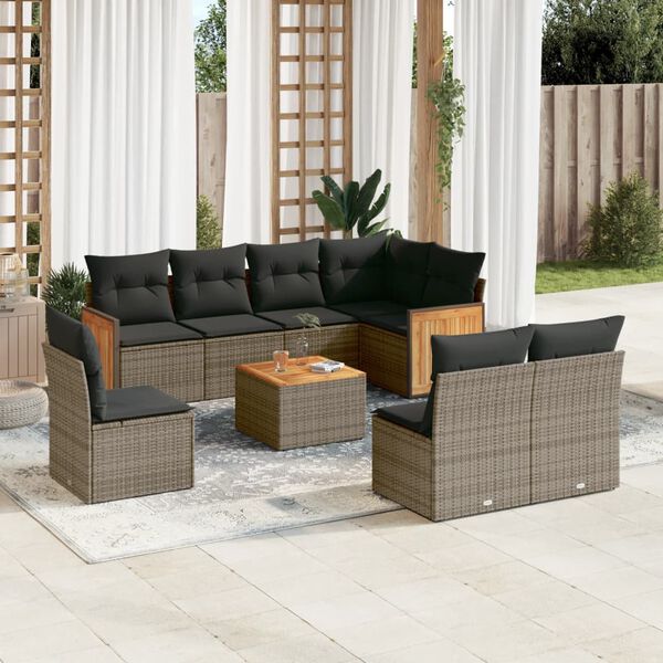 vidaXL Salon de jardin 9 pcs avec coussins gris résine tressée