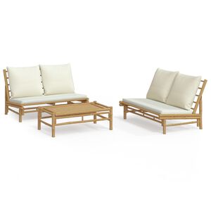vidaXL Salon de jardin 3 pcs avec coussins blanc cr&egrave;me bambou