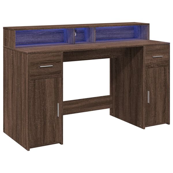 vidaXL Bureau et lumi&egrave;res LED ch&ecirc;ne marron bois d'ing&eacute;nierie