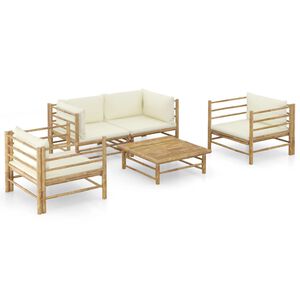 vidaXL Salon de jardin 5 pcs avec coussins blanc cr&egrave;me bambou
