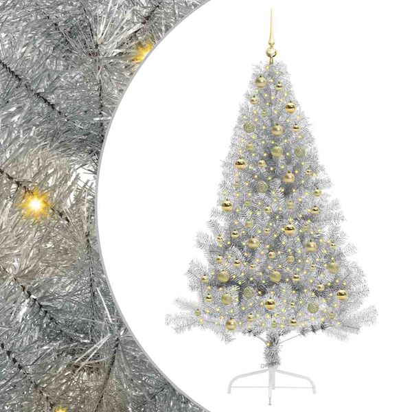 vidaXL Sapin de No&euml;l artificiel pr&eacute;-&eacute;clair&eacute; Argent 180 cm PET