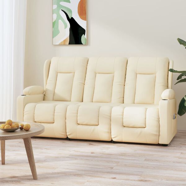 vidaXL Fauteuil inclinable et porte-gobelets 3 places crème similicuir