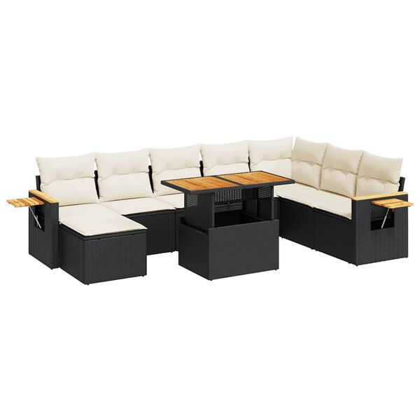 vidaXL Salon de jardin avec coussins 9 pcs noir r&eacute;sine tress&eacute;e acacia